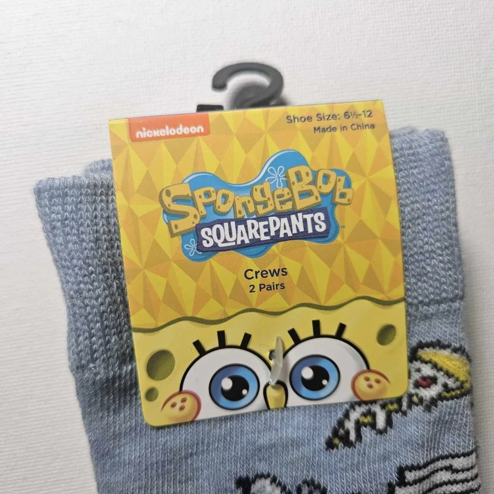 SPONGEBOB SQUAREPANTS 2 pack Crew‎ Socks Size 6.5-12 Nickelodeon Cartoon NEW
